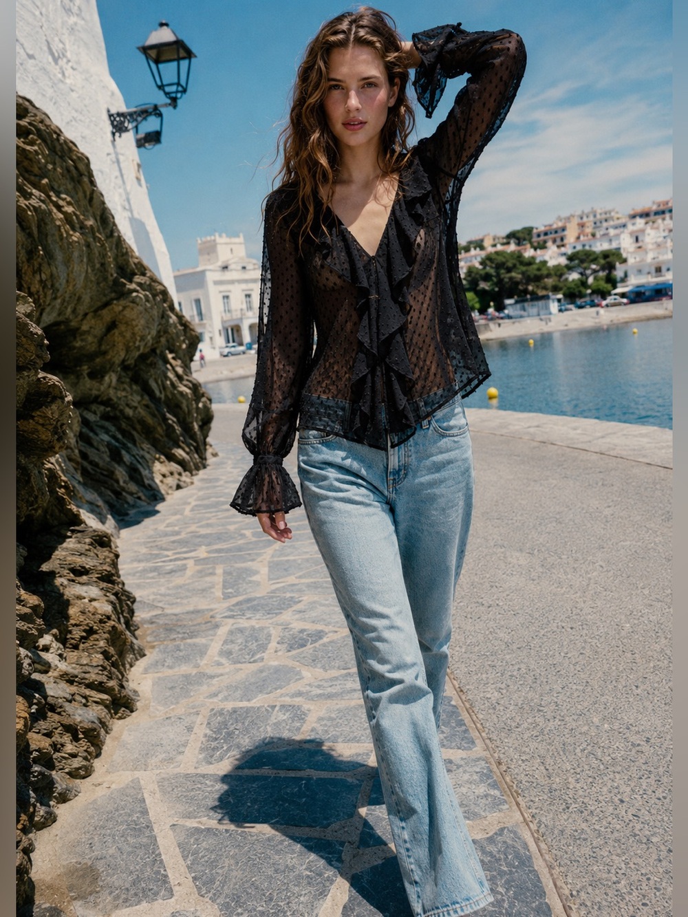 Zara Black Sheer Ruffle V-Neck Blouse